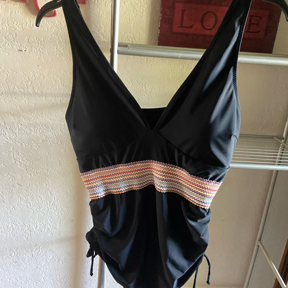 Black One-Piece Swimsuit with Colorful Stripe